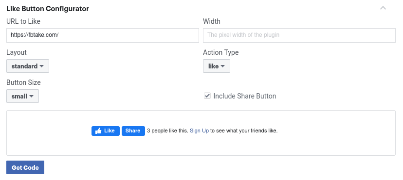 Screenshot of Facebook like button configurator