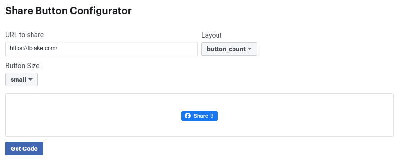 Screenshot of Facebook share button configurator