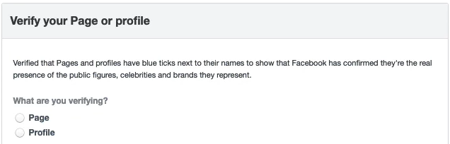 Specify whether you are verifying the Facebook profile or the Facebook page