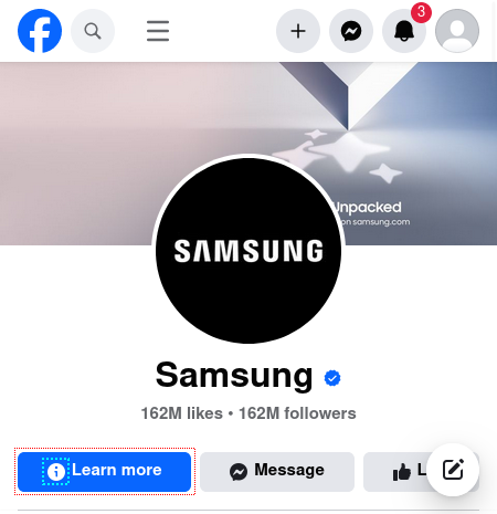 official page of Samsung on Facebook